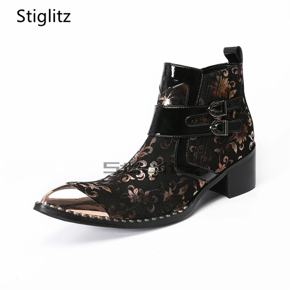 High Heels Flower Print Chelsea Boots for Men Metal Pointed Toe Double Buckle Straps Anke Boots Side Zip Party Banquet Shoes