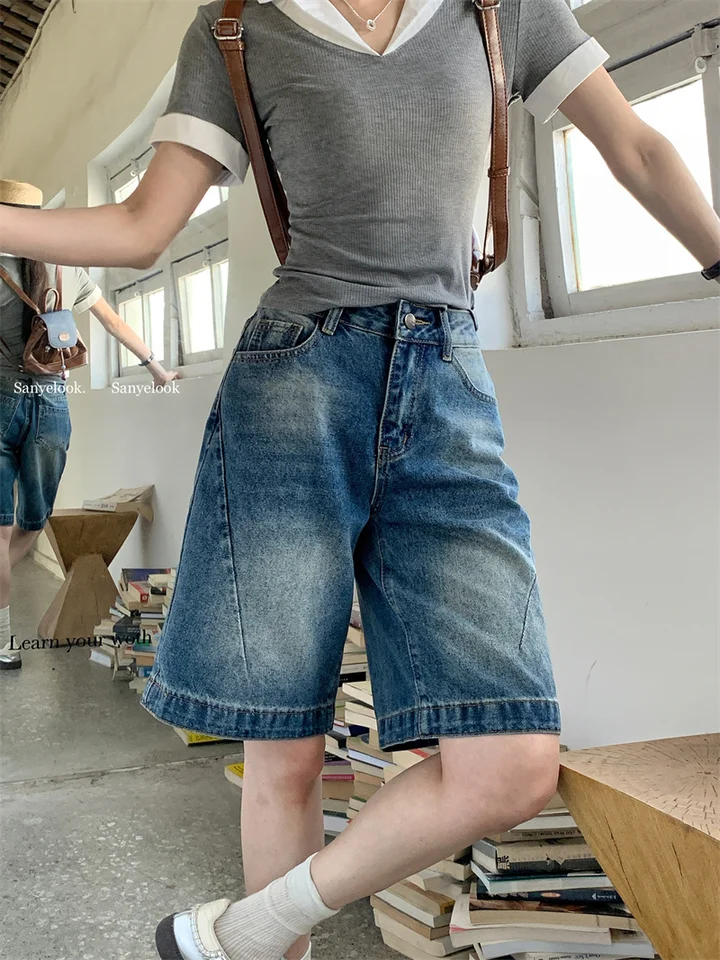 【00s levi's】euro hakama denim shorts y2k 2026Trend Women's Y2K Jeans Shorts - Washed Blue Relaxed Fit Denim