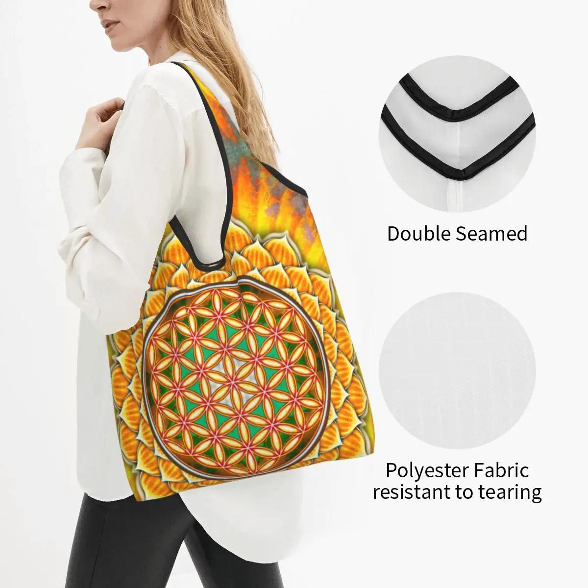 Kawaii Print Yellow Lotus Flower Of Life Tote Shopping Bags Portable Shoulder Shopper Sacred Geometry Mandala Handbag