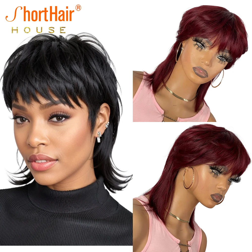 99JBurgundy Pixie Cut Human Hair Wigs With Bangs Short Wigs For Women Full Machine Made Wig Brazilian 150% Density Mullet Wig