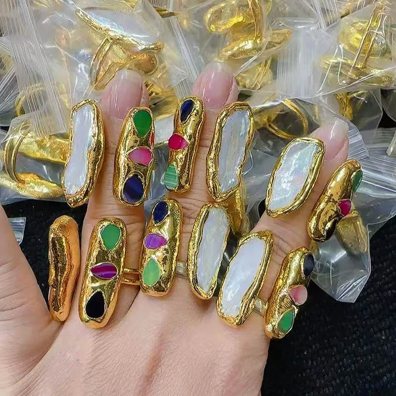 Unusual Natural Freshwater Pearl Rings for Women Inlaid Multi Color Agate Gold Plating Resizable Wedding Party Fine Jewelry