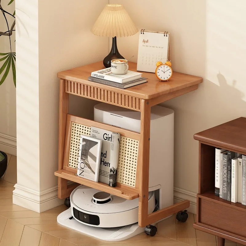 Movable Side Table Rack for Robot Vacuum Top Placement Living Room Accent Stand TV Side Storage Cabinet Mobile Home Organizer