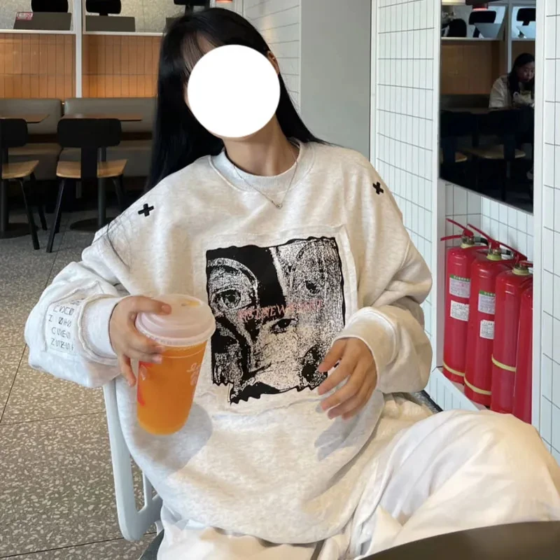 Y2k Graphic Print Patch Sweatshirt Women Autumn Winter O Neck Loose Sports Tops American Vintage Long Sleeve Streetwear