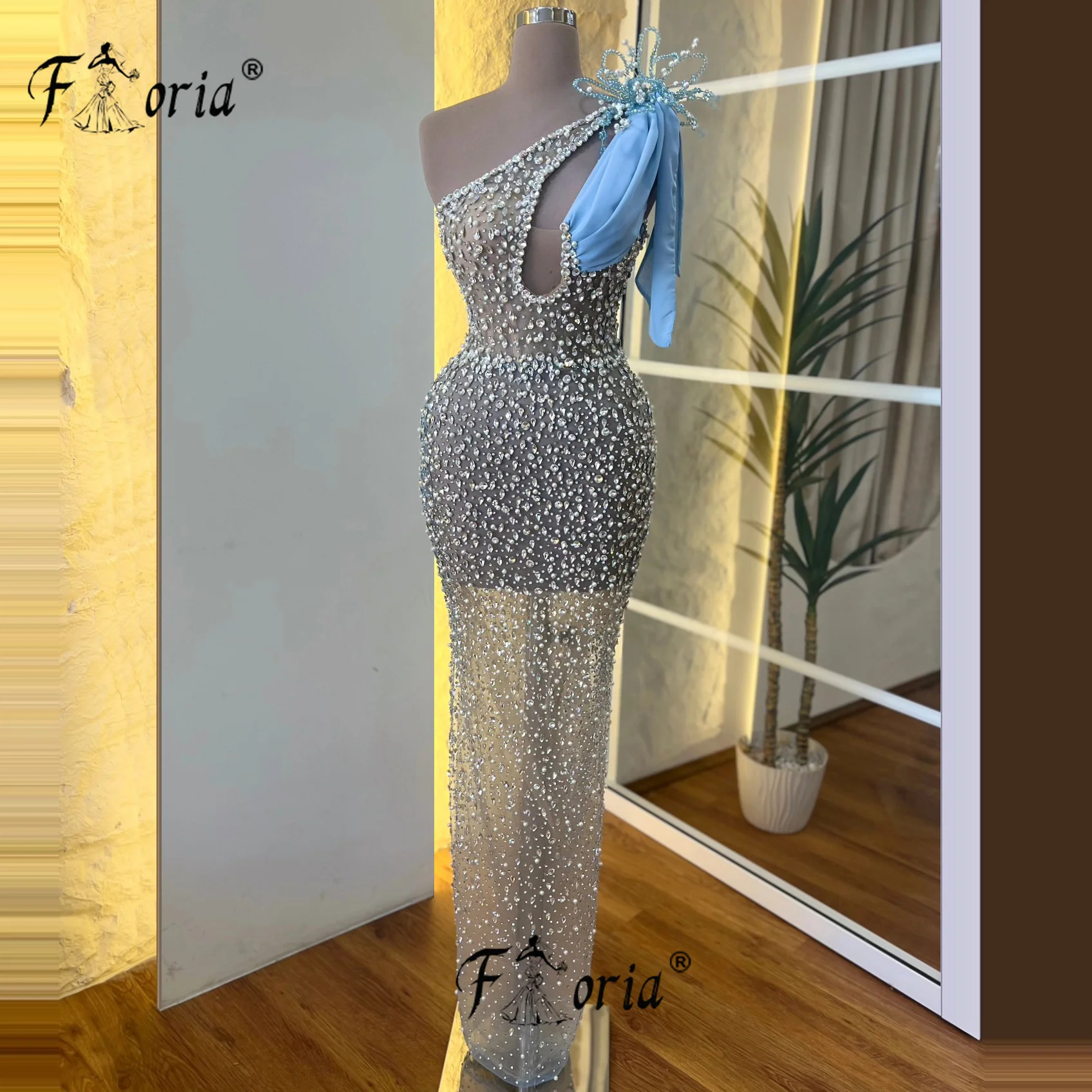 Luxury Full Crystals Stone Nude Party Dresses Arabic Stunning Beads Pearl Floor Length Formal Evening Dress Celebrity Customized