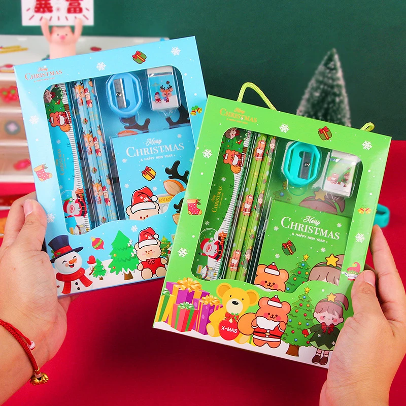 6Pcs/set Christmas Series Kids Stationery Students Ruler Pencil Eraser Pencil Sharpener Notepad Kit School Rewards Supplies