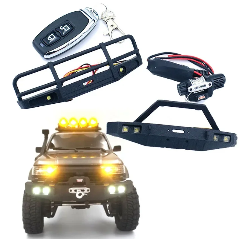 FMS LED Simulation Front Bumper with Lights Winch Controller for 1/18 RC Rock Crawler Car FMS FCX18 LC80 Toyota Truck Upgrade