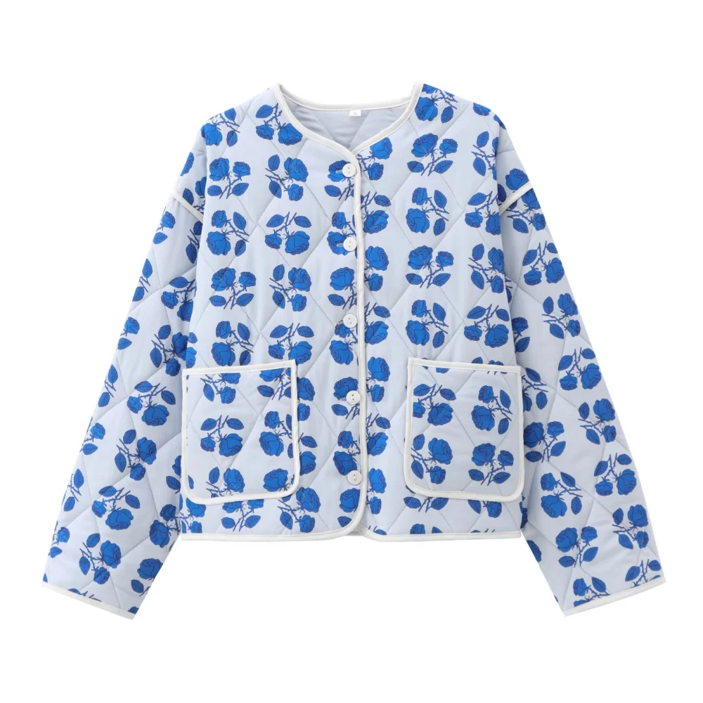 Lose Damenjacke mit Rundhalsausschnitt, langen Ärmeln, Knopftaschen, bedruckte neue warme Herbst- und Winterjacke