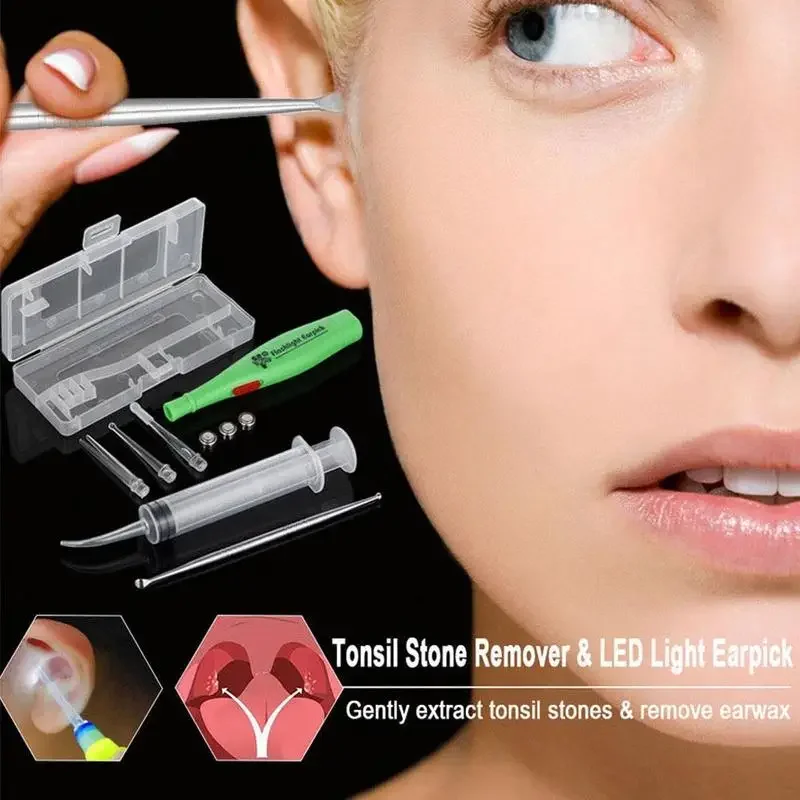 Kit removedor de pedra da amígdala w/led light & box + seringa de irrigação + ferramenta premium