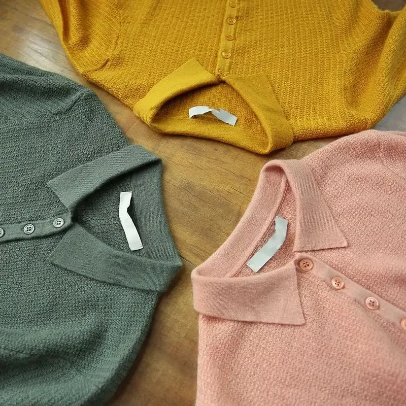 Yellow Polo Neck Shirt Button Knit Pink Women\'s T Shirts Plain Top Clothes Short Sleeve Tee New Synthetic Aesthetic Summer 2025