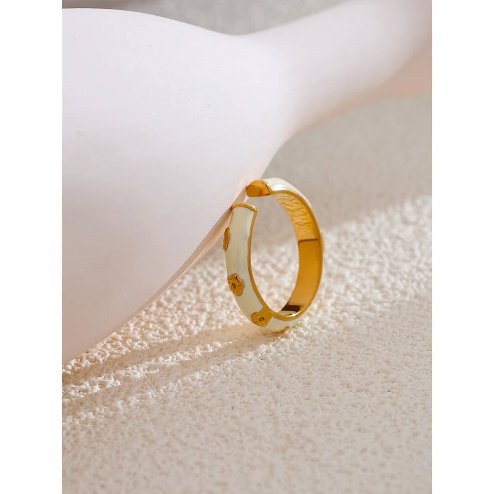 Yhpup Fashion White Enamel Stainless Steel Exquisite Open Ring Women 18K Gold PVD Plated Jewelry Stylish Accessories Gift