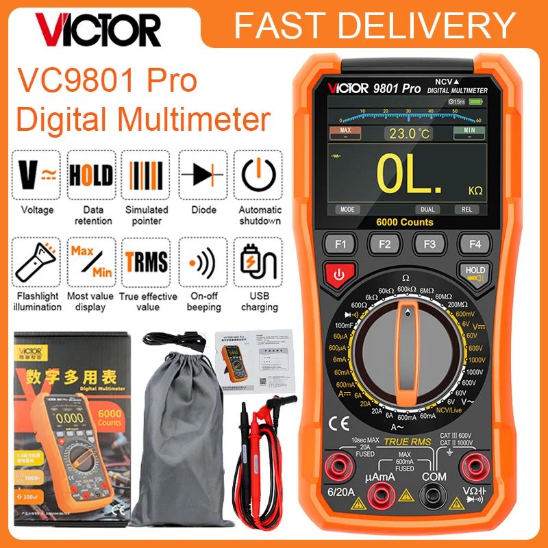 

VICTOR VC9801 Pro Digital Multimeter 2.8-Inch IPS TFT Color Screen Display 6000 Words Counting 3 5/6 Digits NCV/T-RMS Tester