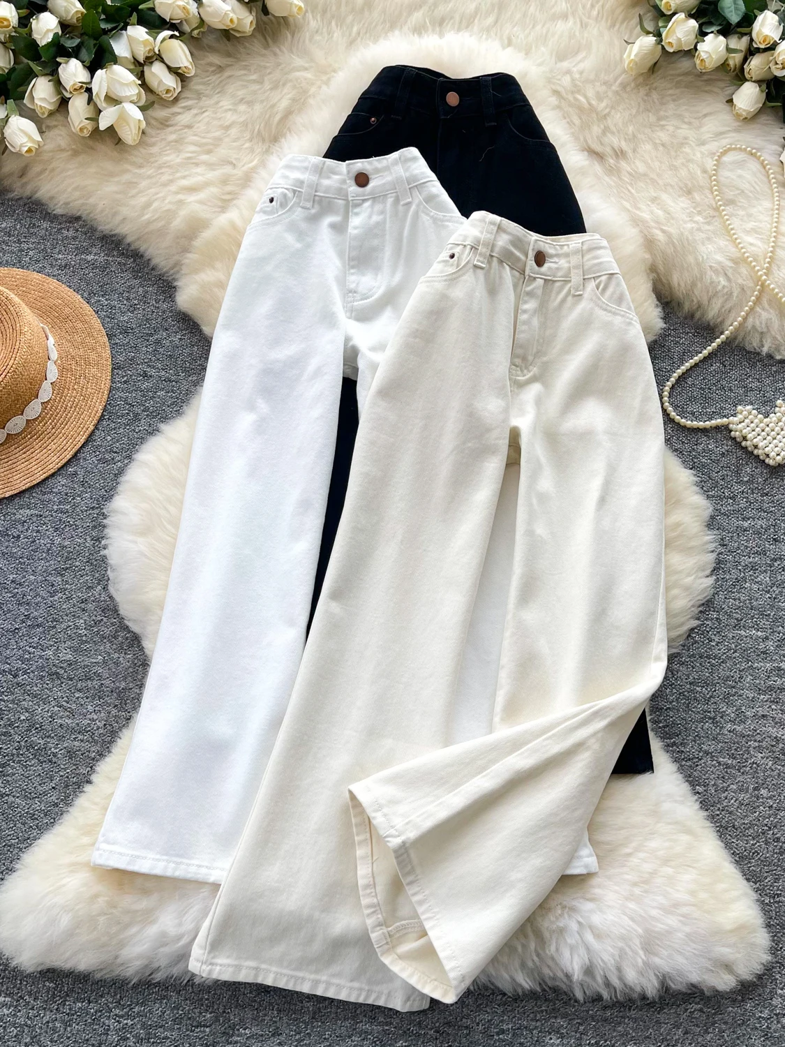 Retro High Waist Wide Leg Denim Jeans Women's Slim Fit Stretchy Four Seasons Versatile Nine Points Pants Korean Style