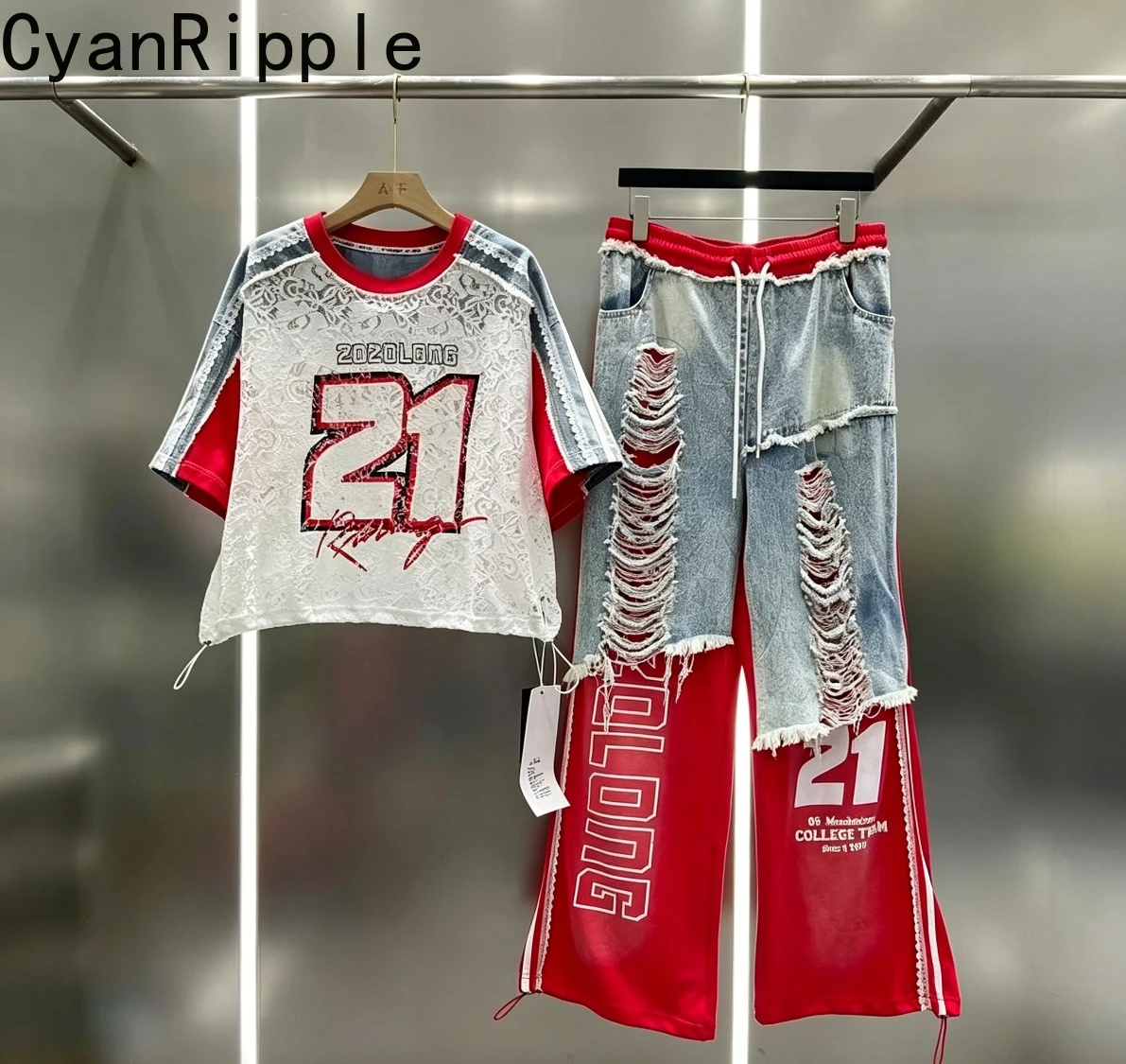 

American Trendy Women Sets Contrast Color Hollow Out Lace Splicing Denim Short Sleeve T-shirt Top Elastic Waist Straight Pants