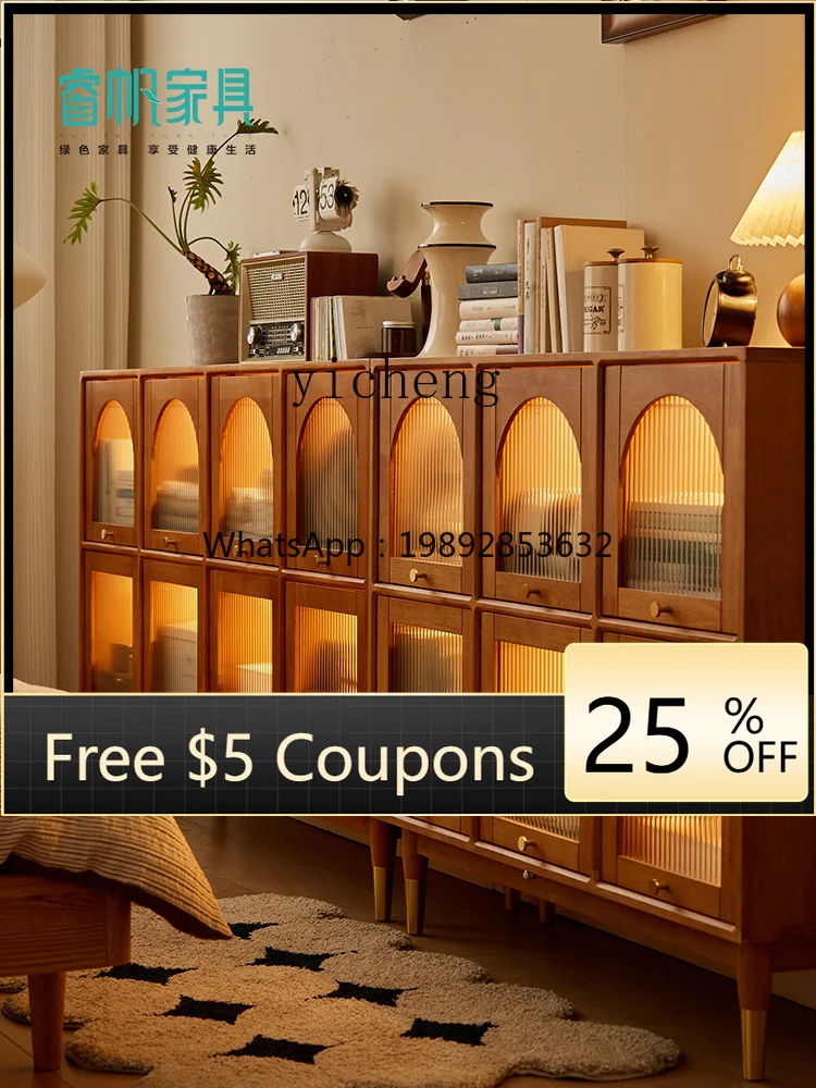 YY Vintage Low Cabinet Living Room Display Storage Cabinet Nordic Solid Wood Bookshelf with Glass Door Dustproof Arched