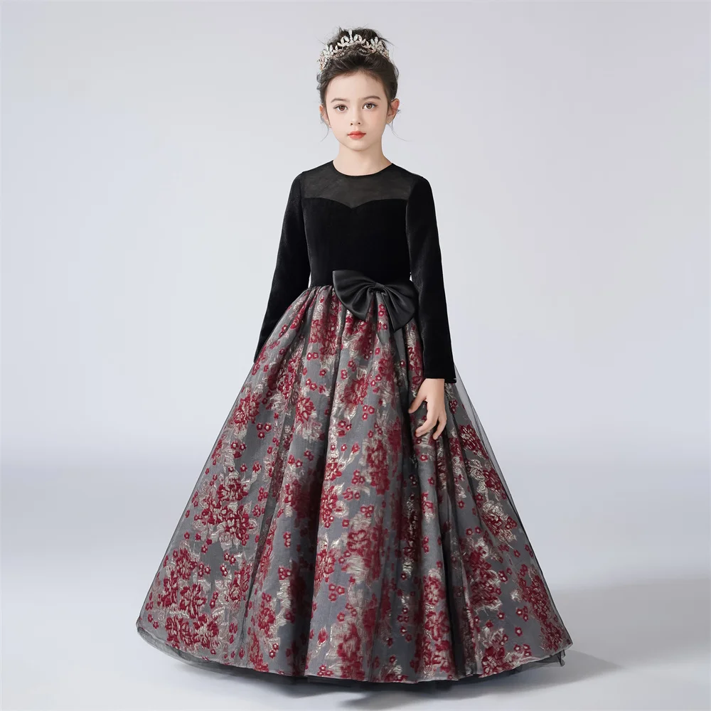 Dideyttawl Customized Flower Girls Dress For Party Long Sleeves Formal Pageant Gown Vintage Velvet Long Sleeve O-Neck Junior