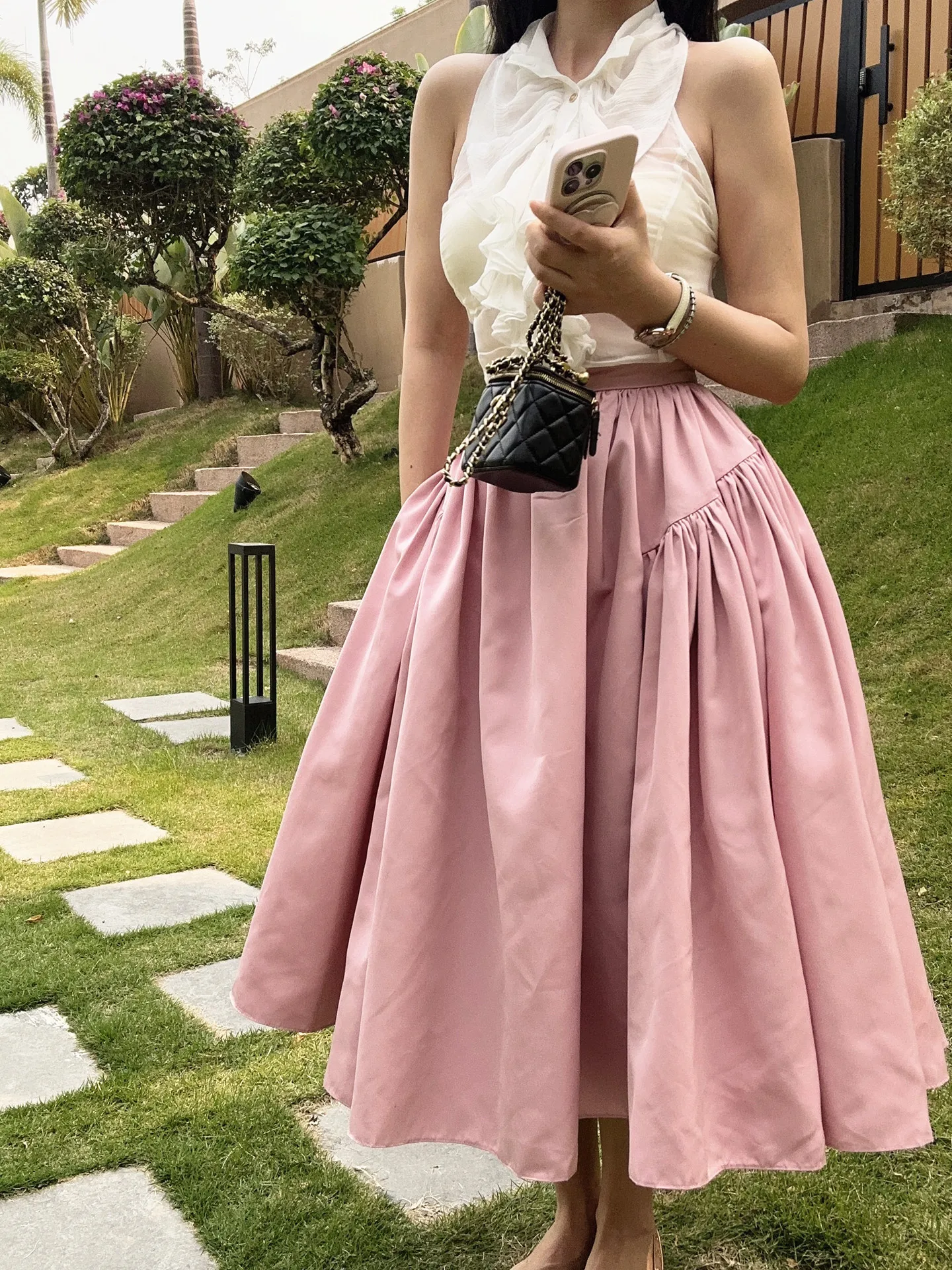 

Pink High Waist A-Line Skirt with Pleats Midi Length Flared Half-length Women's Fashion Spring Season Chinese Brand Madman Momo