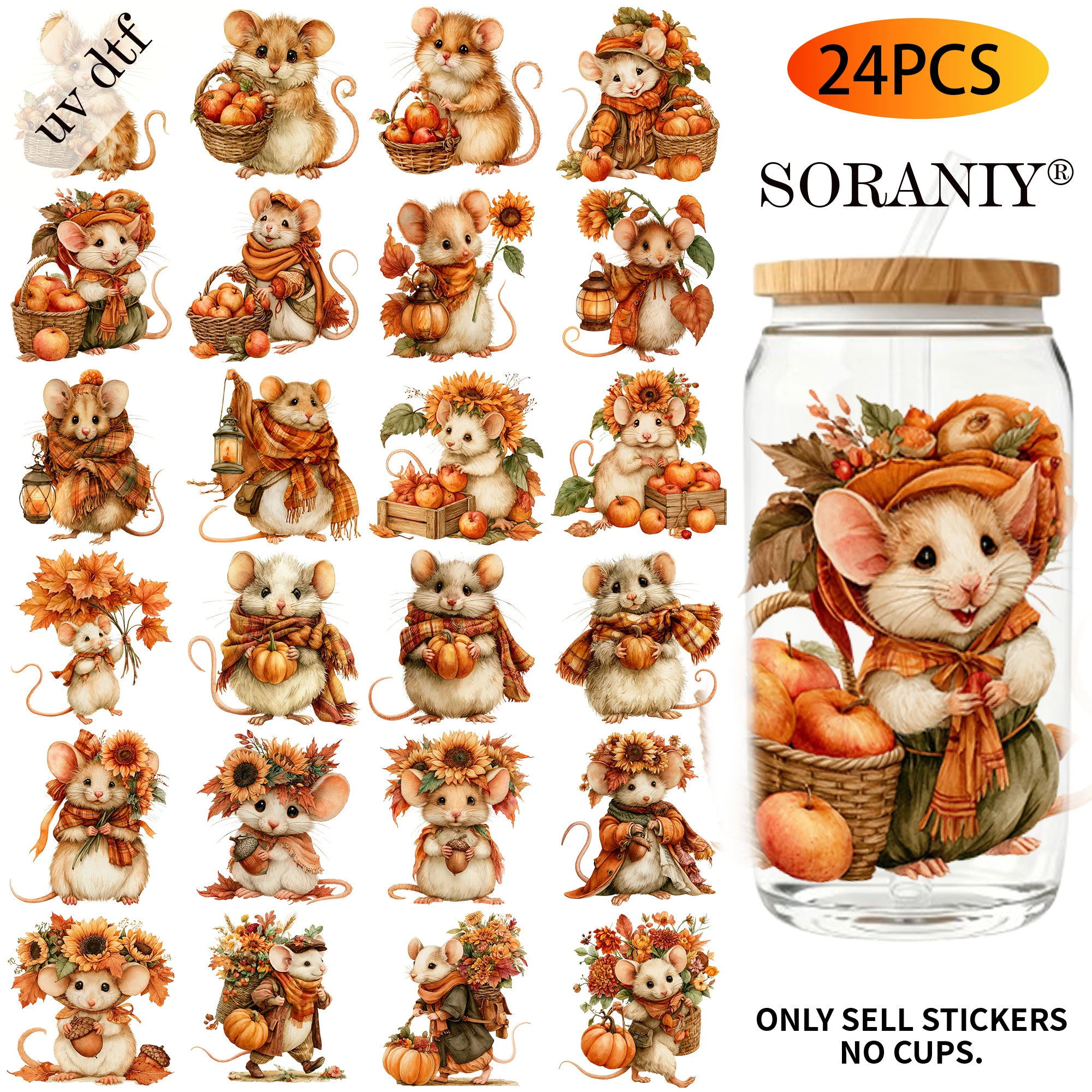 UV DTF Transfer Stickers - 24Pcs/Set Autumn Harvest Mouse Theme UV DTF 16OZ DIY Transfer Stickers