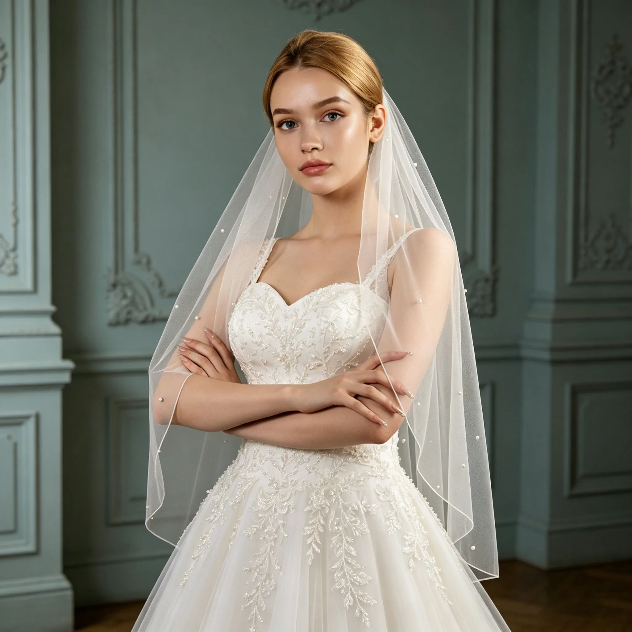 Elegant Bridal Veil Pearls Beading Light Luxury Wedding Accessory with Pencil Edge&Comb for Bride Simple Headpiece Church G06