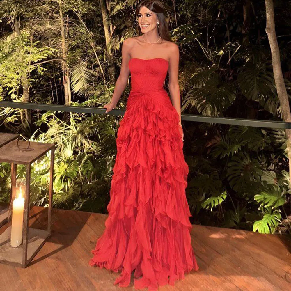 

Pretty Red Prom Party Dress Strapless Sleeveless High Quality Banquet Celebrity Tiered Pleat Floor Length Female Gown Exquisite