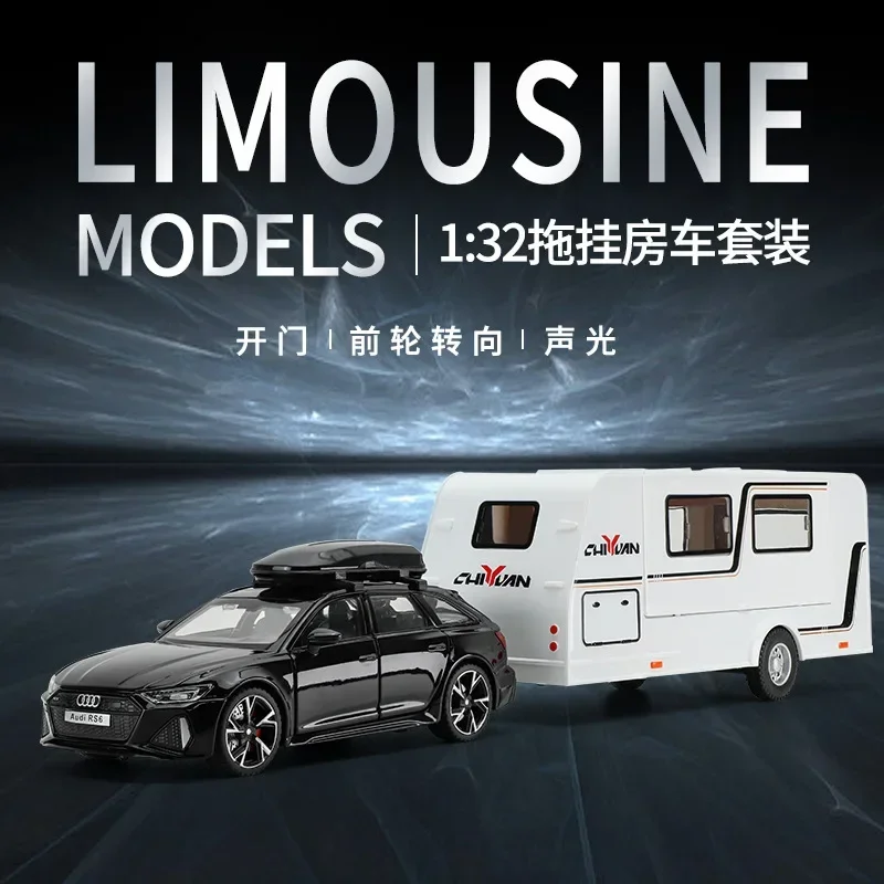 1:32 Audi RS6 trailer RV High Simulation Diecast Metal Alloy Model car Sound Light Pull Back Collection Kids Toy Gifts