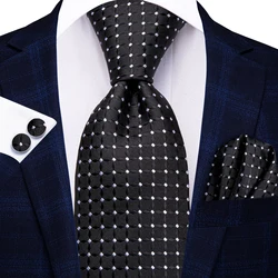 Hi-Tie Black White Polka Dots Designer Elegant Men Tie Jacquard Necktie Accessory Cravat Wedding Business Party Hanky Cufflinks