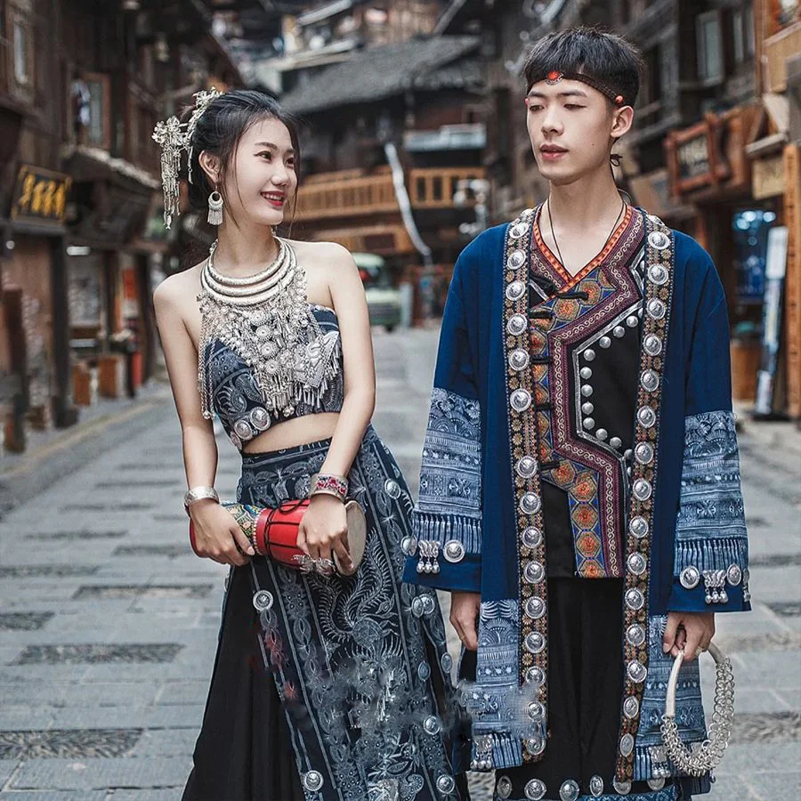 Minority Group Miao Ethnic Fashion Couple Lovers\' Costume Sets Male Female Travelling Photography Outfits Stage Performance