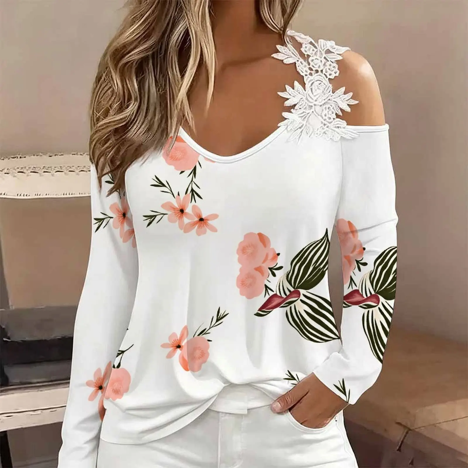 Winter Women's Trendy Top Printed Tee Autumn Retro Elegant Clothing V-Neck Long-sleeved Fashion Off-the-shoulder T-shirt