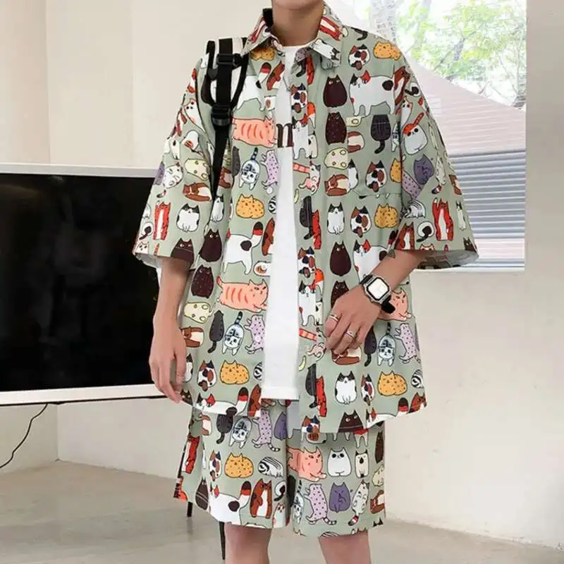 Summer Shirt Set Men 2 Pieces Shorts Sets Street Fashion Clothing Beach Wear Clothes Cartoon Cat Print Tracksuit Holiday Outfits