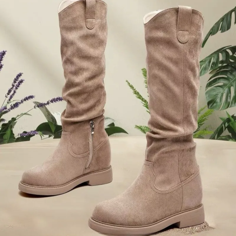 

Block Heel Tall Boots 2025 Autumn Round Toe Side Zip Cow Suede Soft Sole Non-Slip Wear-Resistant Stack Boots