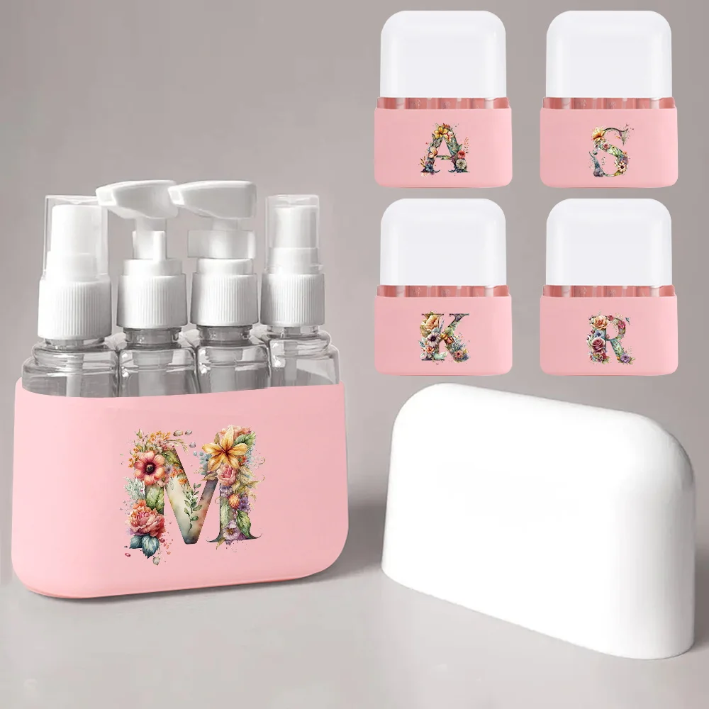 

4pcs Portable Lightweight Liquid Dispenser Bottle Set Floral Letter Travel Cosmetic Essentials Initial Name 26 Letters Pattern