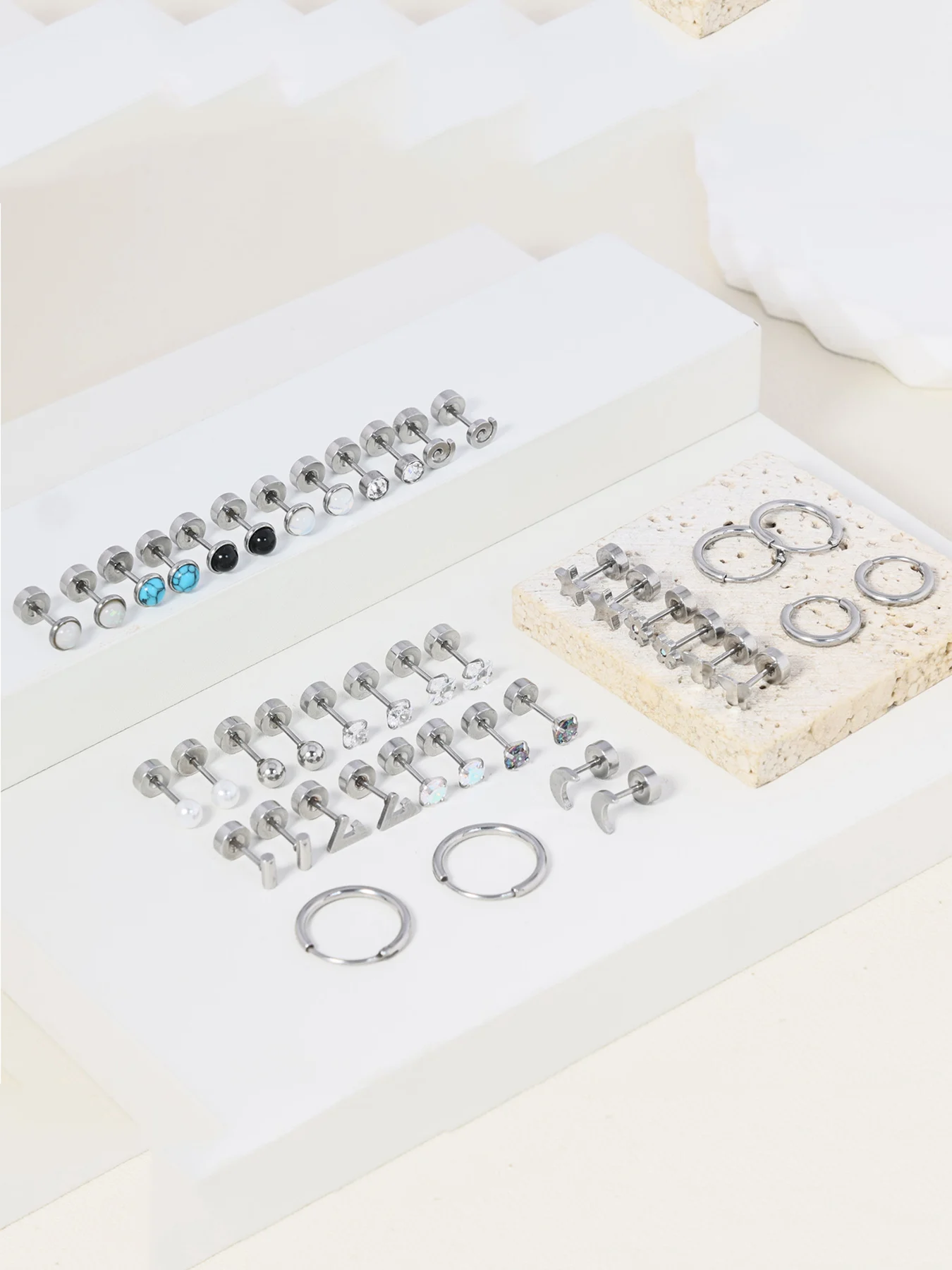 21 Pairs of Stainless Steel Flat-Back Earrings, Hypoallergenic 20G Screw-Back Studs, Stackable Earrings, and Cartilage Earrings