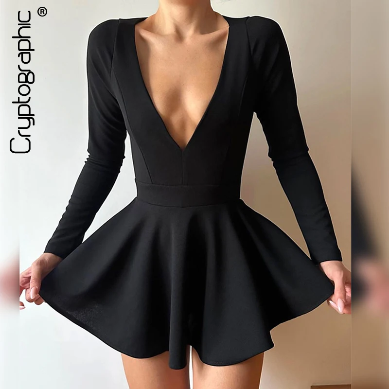 

Cryptographic Fashion Sexy Backless V Neck A-Line Mini Dress Elegant Long Sleeve Pleated Party Club Birthday Dresses Vestido