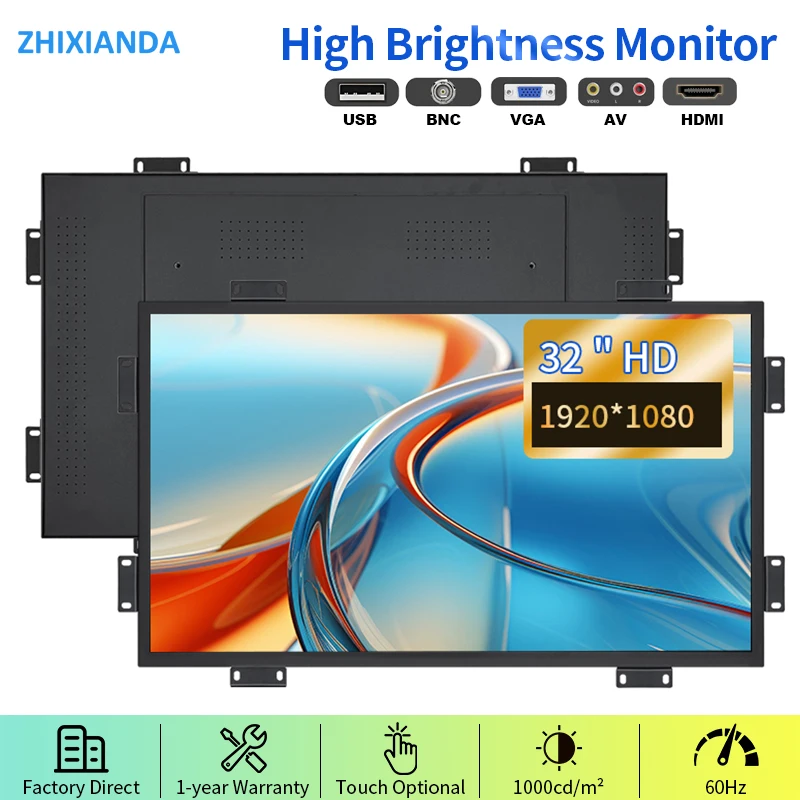 

High Brightness 1000 Nits 32 Inch 1920*1080 Open Frame Industrial Monitor Wall Mount Vesa Capacitive Touch Screen LCD Display