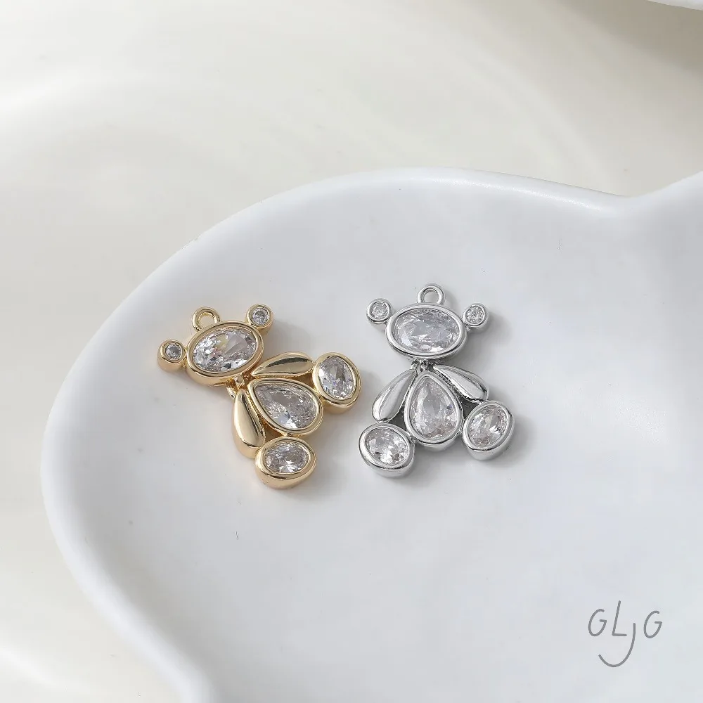 2PCS Cubic Zirconia Bear Charms for Jewelry Making Pendants Supplies Findings DIY Brass 14k Gold Plated Accessories 18*14mm view 3