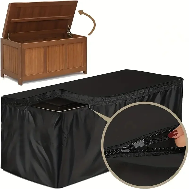 Oxford Fabric Outdoor Storage Box Cover - Black, Zipper Closure, Drawstring Closure, All-Season Protection for Patio Furniture