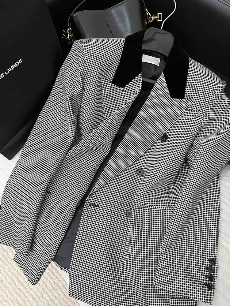

Vintage Plaid Blazers Women Fall Streetwear Patchwork Double Breasted Loose Jacket Y2K Harajuku Office Ladies Casual Suit Coats