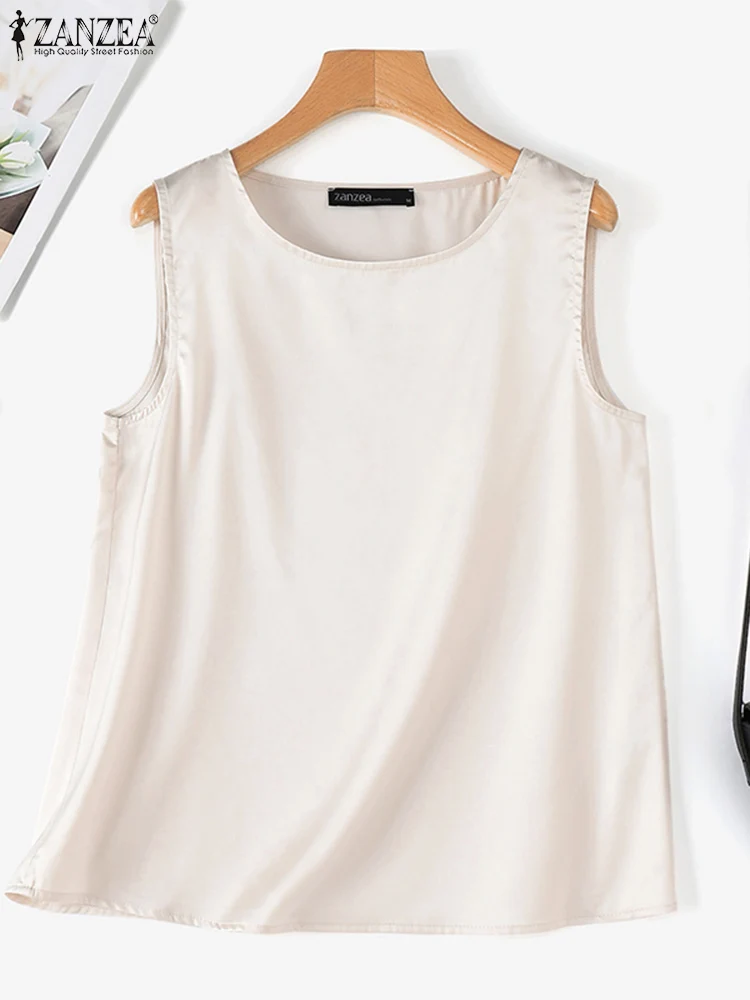 ZANZEA Elegant Satin Tank Vest Women Fashion Round Neck Sleeveless Tank Tops Korean Solid Party Camis 2024 Summer Vintage Tanks