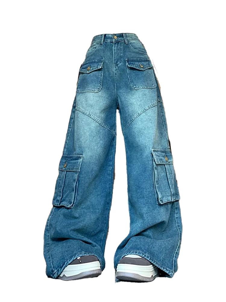 

Женские синие повседневные джинсы-карго мешковатые Y2K японские Harajuku High Street 90-х годов Эстетические винтажные повседневные брюки 2000-х годов Джинсы Одежда