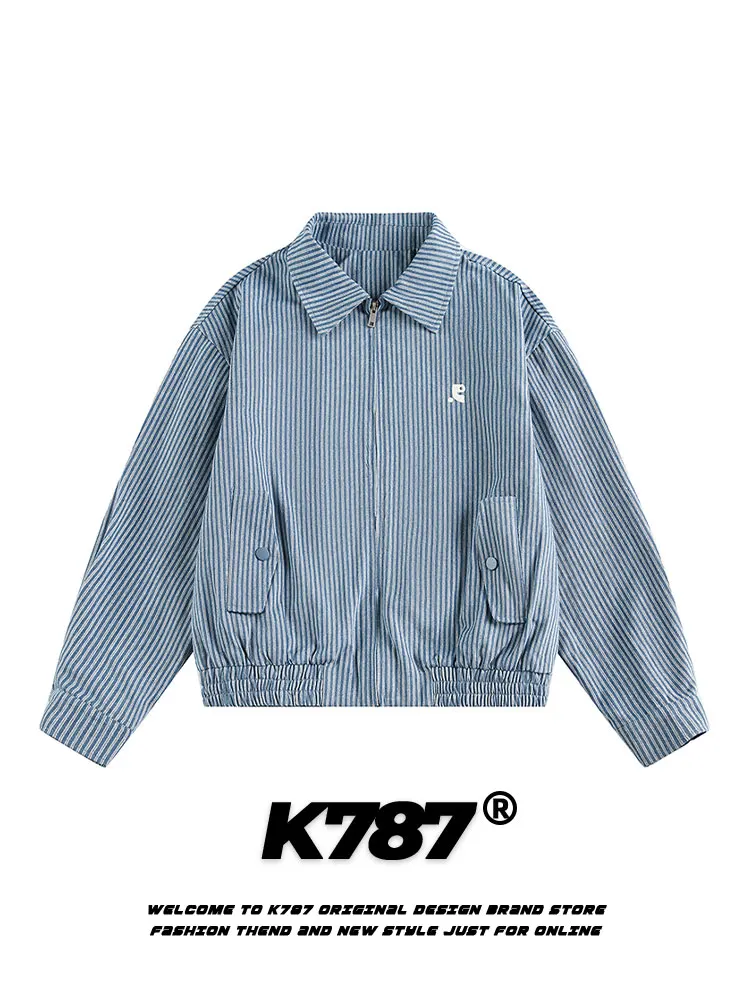 

Cleanfit K787 Американский ретро-полосатый джин с вышивкой, свободная повседневная верхняя одежда, молодежная спортивная одежда, осенний хлопок, полиэстер