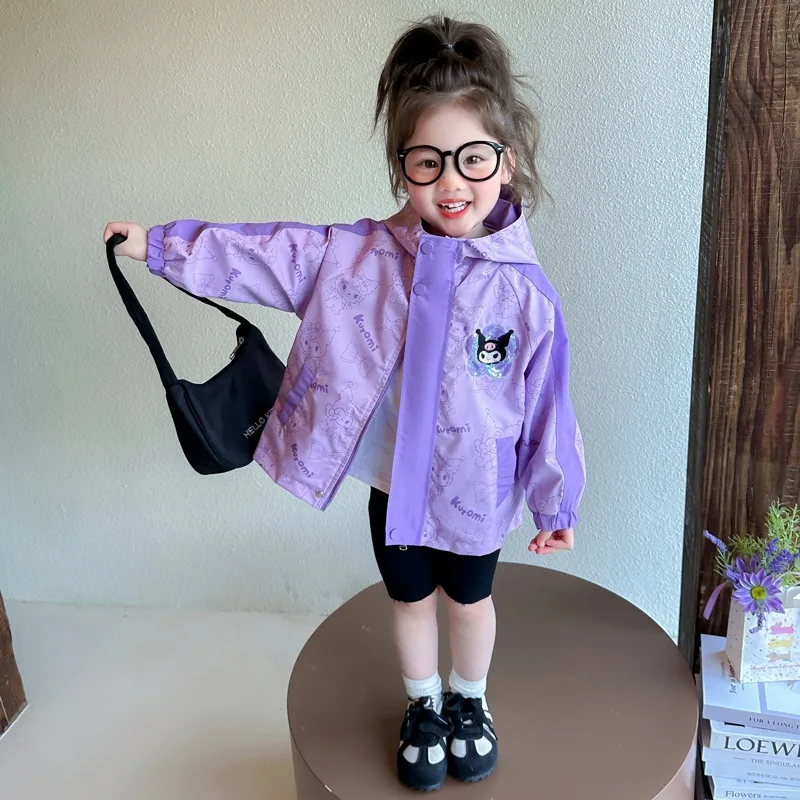 

Sanrio Girl New Fashion Shock Suit Kulomi Spring Kawaii Hooded Coat Cartoon Anime Casual Cute Color Blocking Lapel Windbreaker