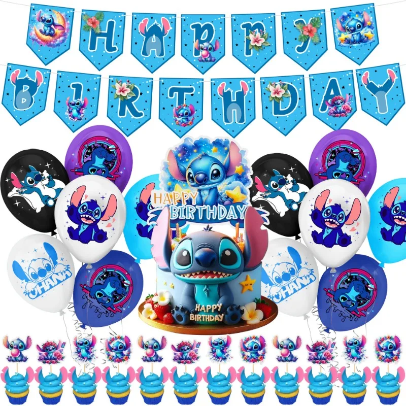 

4PCS Hot Selling Cartoon Disney Stitch Balloon Banner Cake Topper Set Happy Children's Birthday Kawaii Party Decoration Gifts