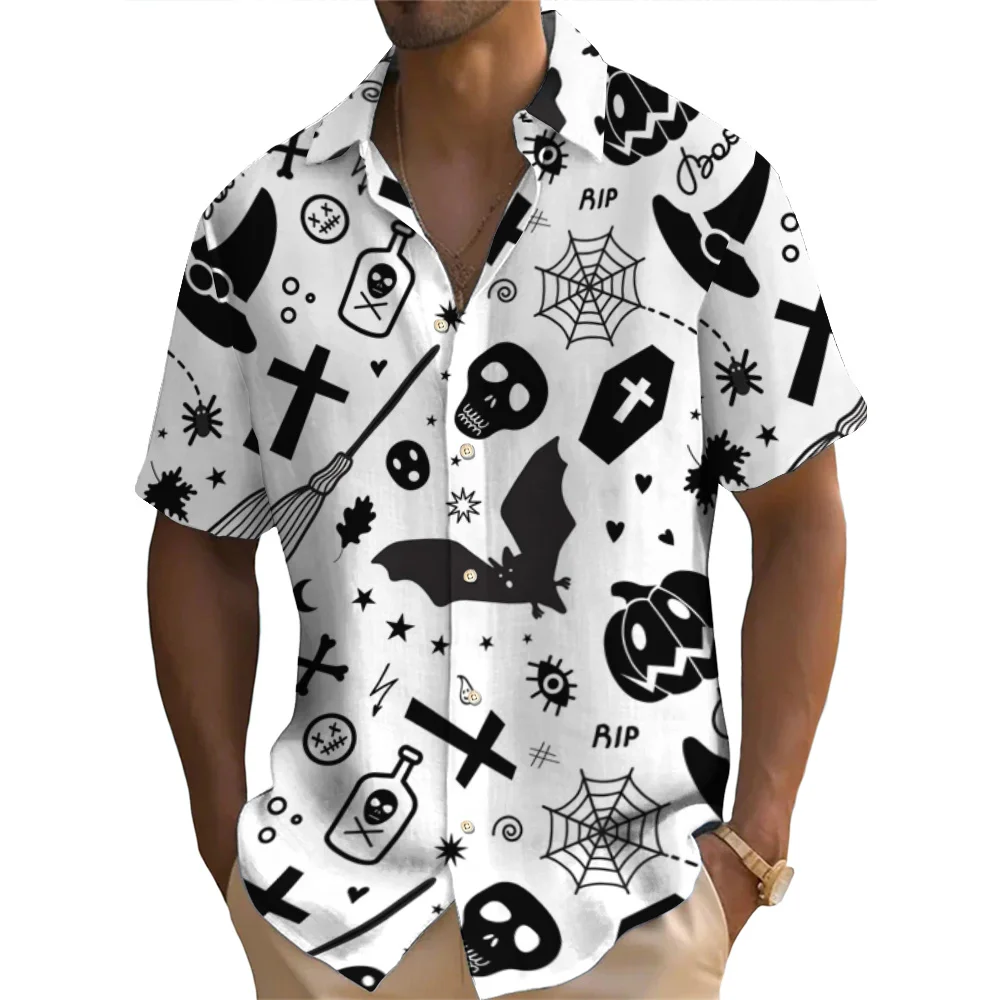 Halloween Shirt Casual Men's Shirt Pumpkin Skull Print Short Sleeved Shirt Holiday Party Shirt Top Oversized Men's Clothing XL