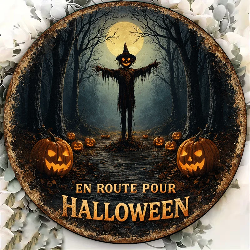 CIFBUY Vintage Scarecrow Pumpkin Aluminum Wall Art Waterproof Durable Round Metal Plaque For Home Bar Party Decor Gift