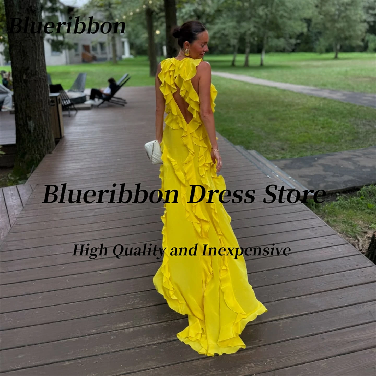 Blueribbon Sexy Open Back Prom Jurken O-hals Ruches Hoog Laag Verjaardagsfeestje Jurk Vrouwen Dragen Avondjurken Aangepast