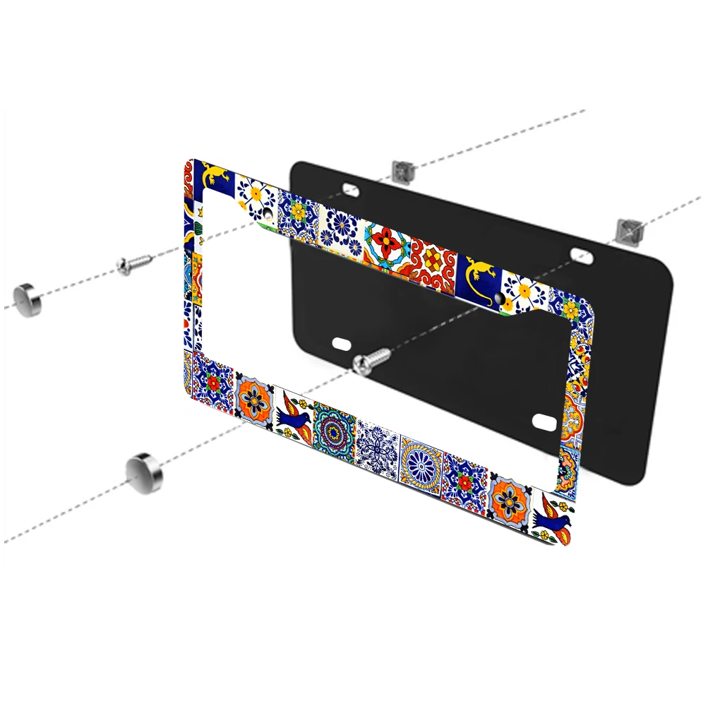 إطار لوحة ترخيص بفتحتين بنمط الأزهار الملونة، مادة الألومنيوم، مقاس 6 × 12 بوصة مع مجموعة براغي، هدية تزيين السيارة