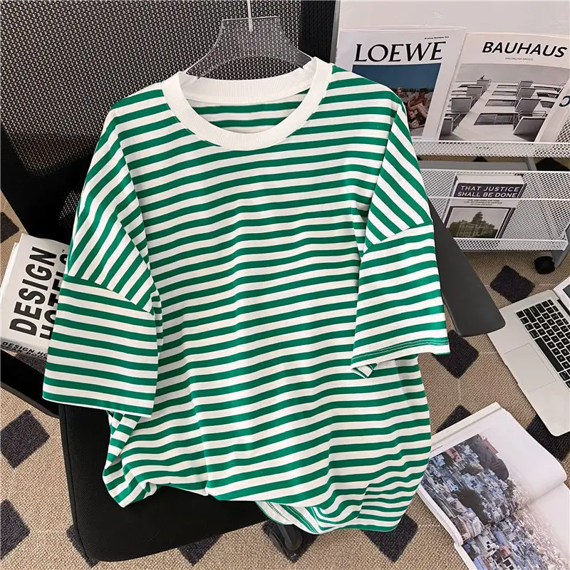 M-4XL Fashion Striped Women Two-Piece Sets Short Sleeved T Shirt+Wide Leg Shorts 2023 New Summer BF Style Female Sports Suits