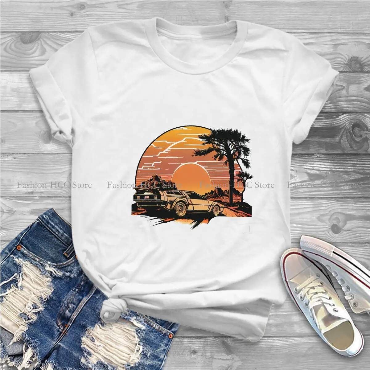 Vintage Delorean In The Sunset Style Polyester TShirt Back To The Future Comfortable Creative Gift Idea T Shirt Short Sleeve