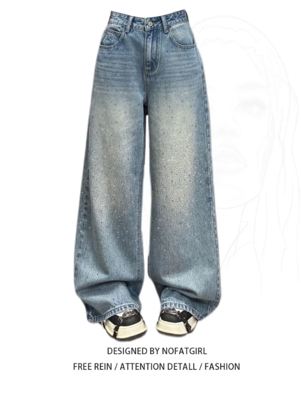 

High Waist Wide Leg Denim Jeans Women's Spring New Sle Faded Rhinestone Waed out Jeans Slimming Effect Casual Commute Sle
