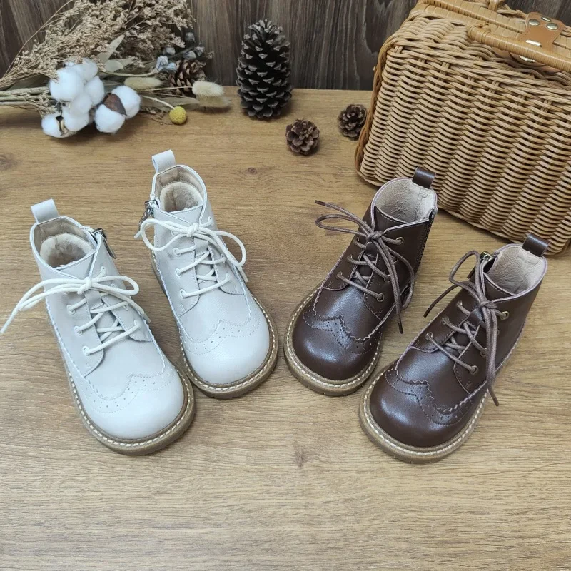 Genuine Leather Children's Martin Boots for Autumn 2024, New Comfortable and Casual with Plush Leather Boots, Non Slip Soft Sole