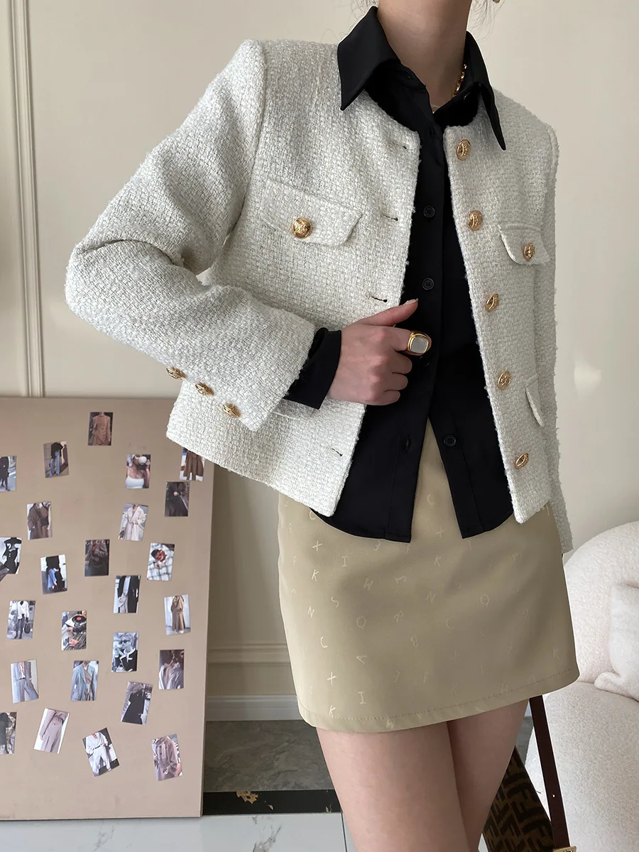 Women Elegant Single Breasted Tweed Jackets Spring Fall Korean Fashion Wool Suit Blazer Long Sleeve Coats Ladies Cropped Top